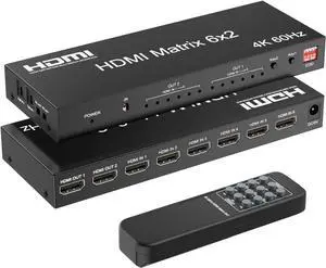 BUCIER 6x2 HDMI 2.0 Matrix Switch Splitter,6 in 2 Out HDMI Matrix Switcher Selector Supports 4K@60Hz 18Gbps UHD HDR HDCP 2.2, with Remote Control & Optical SPDIF 3.5mm Audio Extractor, EDID Management