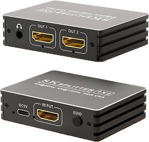BUCIER 8K HDMI 2.1 Splitter 1 in 2 Out, 1x2 HDMI Splitter Support 8K@60hz, 4K@120hz, EDID, 48Gbps, 3D, HDR 10+, HDCP2.3, Dolby Vision, 3.5mm Audio Output, Mirror Dual Monitors for PS5 SkyQ Xbox NS