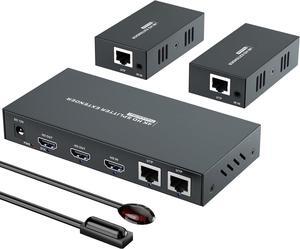 BUCIER HDMI Extender Splitter1x2 HD 4K @60Hz up to 60m(196ft)-Loop Out-Over CAT5/CAT6/CAT7 Cable HDMI Transmitter and Receiver with IR Power Switch and EDID