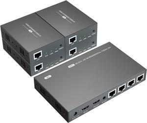 BUCIER 150m HDMI Splitter Extender 1x4 Transmit Remote 1080P Audio Video Over Cat5e/6 Ethernet Mirror 4 Screens Support Loopout Remote 1 in 4 Out for TV
