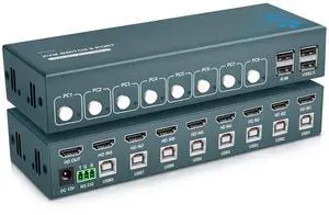 BUCIER USB 2.0 HDMI KVM Switch 1 Monitors 8 Computers, 4K@30Hz KVM Switches for 8 Computers Sharing Monitor Keyboard Mouse Hard Drives Printer, with EDID Adaptive,
