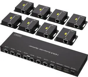 BUCIER HDMI Extender Splitter Over Ethernet 1 in 8 Out Cat5e or 6 Up to 165FT 50m HD1080P 60Hz 3D with Port Loop Out Support EDID POC Suitable for Projection Exhibition Presentations