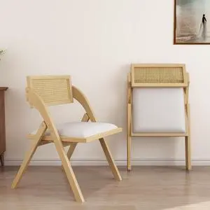 DualThunder Folding Dining Chairs Set of 2, Foldable Wood Kitchen Chairs with Padded Cushion, Modern Mid Century Rattan Dining Room Chairs, Foldable Dining Chairs for Small Space, No Assembly, Beige