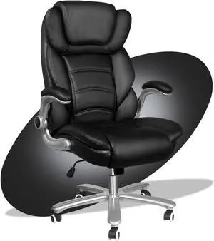 DualThunder Black Executive Office Chair Flip-up Arm, Big and Tall Office Chairs 400lbs Wide Seat, High Back Leather Office Chairs Lumbar Support, Adjustable Heavy Duty Computer Desk Chairs with Wheel