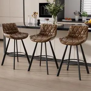 DualThunder Set of 3 26" Faux Leather Bar Stools with Low Back and Footrest