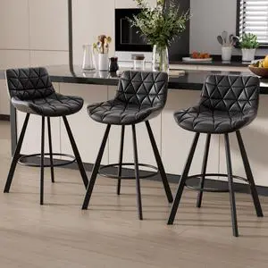 DualThunder Set of 3 26" Faux Leather Bar Stools with Low Back and Footrest Black
