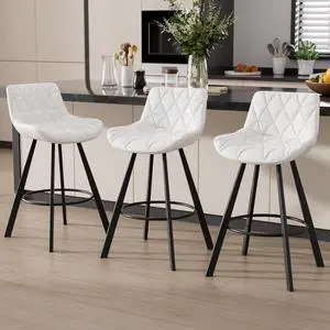 DualThunder Set of 3 26" Faux Leather Bar Stools with Low Back and Footrest White