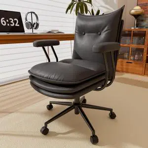 DualThunder Mid Back Leather Desk Chair with Wheels, Adjustable Swivel Computer Chair, Padded Wide Seat Office Chair 300lbs, Task Chair for Home Office or Study Room, Black
