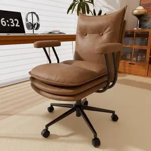 DualThunder Mid Back Leather Desk Chair with Wheels, Adjustable Swivel Computer Chair, Padded Wide Seat Office Chair 300lbs, Task Chair for Home Office or Study Room, Brown
