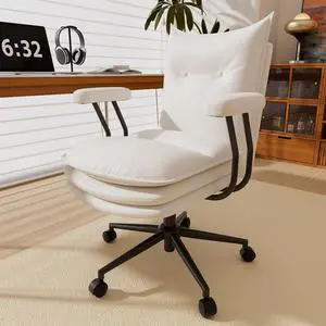 DualThunder Mid Back Leather Desk Chair with Wheels, Adjustable Swivel Computer Chair, Padded Wide Seat Office Chair 300lbs, Task Chair for Home Office or Study Room, White