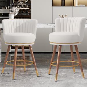 Ninecer 27" Swivel Bar Stools Set of 2, Counter Height Bar Stools with Back, 360 Swivel Bar Chairs with Wood Legs and Footrest, Upholstered White Bar Stool for Kitchens Island, Rustic Bar, 300lbs