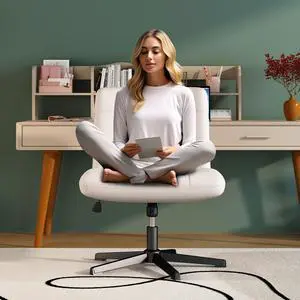 Ninecer Criss Cross Legged Office Chair, White Armless Desk Chair No Wheels, Wide Seat Home Office Chair, Pu Leather Adjustable 360 Swivel Vanity Chair, 120° Rocking Mid Back Task Chair