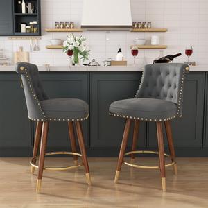 Ninecer Counter Height Bar Stools, 360° Swivel Bar Stools Set of 2, Upholstered Barstools with Back and Footrest for Kitchen Island, 24" H Seat Height, Solid Wood Legs, Velvet Fabric in Gray