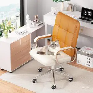 Ninecer Office Chair with Arms, PU Leather Executive Office Chair, Mid Back Aesthetic Desk Chair with Wheels, Comfy Desk Chairs with Lumbar Support for Women Girls, Brown