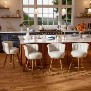 Ninecer Counter Height Bar Stools Set of 4, Swivel Bar Stools with Back, 26" H Seat Height Upholstered Counter Stools with Wood Legs and Footrest, White Bar Chairs for Kitchen Island, 300lbs