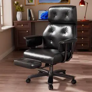 Ninecer Reclining Office Chair with Footrest, Big and Tall Office Chair 400lbs Wide Seat, Leather High Back Executive Office Chair, Ergonomic Vintage Desk Chair, Heavy Duty Computer Chair Black