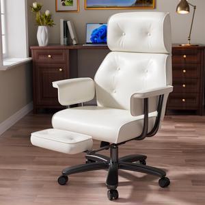 Ninecer Reclining Office Chair with Footrest, Big and Tall Office Chair 400lbs Wide Seat, Leather High Back Executive Office Chair, Ergonomic Vintage Desk Chair, Heavy Duty Computer Chair White
