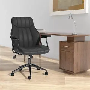 Ninecer Leather Desk Chair, Vintage Desk Chair with Wheels and Arms, Height Adjustable Mid Century Modern Desk Chair, Black