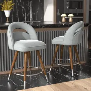Ninecer Counter Height Bar Stools Set of 2, 24 Inch Swivel Bar Stools with Backs&Solid Wood Legs, Upholstered Grey Barstools, Velvet Counter Stools for Kitchen Island