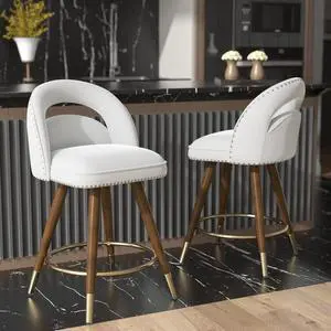 Ninecer Counter Height Bar Stools Set of 2, 24 Inch Swivel Bar Stools with Backs&Solid Wood Legs, Upholstered Barstools, Velvet Counter Stools for Kitchen Island White
