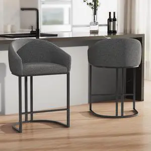 Ninecer Counter Height Bar Stools Set of 2, 26" H Modern Counter Bar Stools with Backs, Linen Fabric Upholstered Barrel Barstools for Kitchen Island, Grey