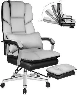 Ninecer Big and Tall Office Chair 550 lbs, PU Leather Executive Chair Heavy Duty Desk Chairs Ergonomic Reclining Office Chair with Footrest, Grey