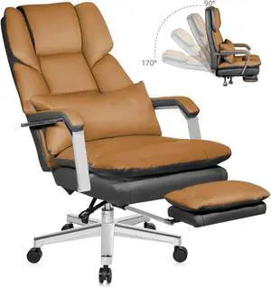 Ninecer Big and Tall Office Chair 550 lbs, PU Leather Executive Chair Heavy Duty Desk Chairs Ergonomic Reclining Office Chair with Footrest, Brown