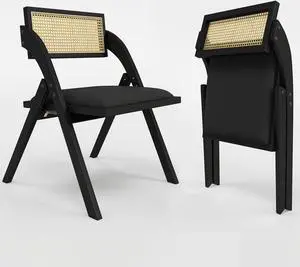 Ninecer Modern Dining Chair, Folding Wooden Dining Chair with Rattan Backrest,  Black (Set of 2)