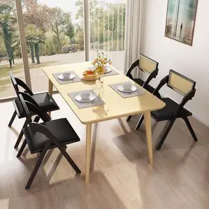 Ninecer Modern Dining Chair, Folding Wooden Dining Chair with Rattan Backrest, Black (Set of 4)