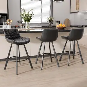 Ninecer 26 Inch Counter Height Bar Stools Set of 3, Faux Leather Bar Chairs with Low Back and Footrest, Upholstered Kitchen Island Barstools for Home Dining, Black
