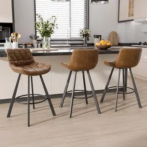 Ninecer 26 Inch Counter Height Bar Stools Set of 3, Faux Leather Bar Chairs with Low Back and Footrest, Upholstered Kitchen Island Barstools for Home Dining, Brown