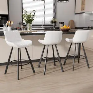 Ninecer 26 Inch Counter Height Bar Stools Set of 3, Faux Leather Bar Chairs with Low Back and Footrest, Upholstered Kitchen Island Barstools for Home Dining,  White