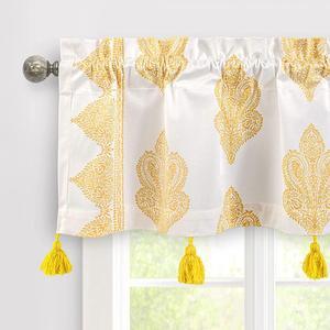 DriftAway Sadie Paisley Medallion Pattern Boho Velvet Window Curtain Valance with Handmade Tassels for Kitchen Rod Pocket 50 Inch by 14 Inch Plus 1.75 Inch Header Gold Yellow