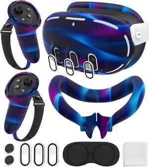 Silicone Cover Set Compatible with Oculus/Meta Quest 3, Touch Controller Grips Cover, VR Shell Cover, Facial Interface Cover, Protective Lens Cover, Tempered Glass Lens Caps (Aurora Blue)