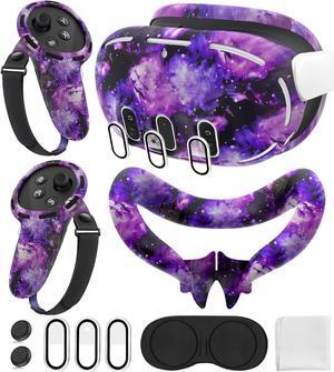 Silicone Cover Set Compatible with Oculus/Meta Quest 3, Touch Controller Grips Cover, VR Shell Cover, Facial Interface Cover, Protective Lens Cover, Tempered Glass Lens Caps (Aurora Purple)
