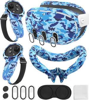 Silicone Cover Set Compatible with Oculus/Meta Quest 3, Touch Controller Grips Cover, VR Shell Cover, Facial Interface Cover, Protective Lens Cover, Tempered Glass Lens Caps (Camouflage Blue)