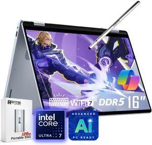 Dell 16 Plus 2-in-1 Laptop, 16" 1920 x 1200 Touchscreen, Core Ultra 7 256V(>i9-13900H), AI Ready, Copilot, Backlit Keyboard, 1080p Webcam, Wi-Fi 7, Windows 11 Home, Ice Blue(16GB DDR5 RAM | 1TB SSD)
