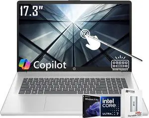 HP 17.3 inch Touchscreen Laptop, HD+ BrightView Display, Intel Ultra 7 255U 12-Core(Beat Core 7 150U),64GB DDR5, 1TB SSD, Copilot AI, Backlit KB, Long Battery, Win 11 PRO, w/128GB External SSD&Stylus