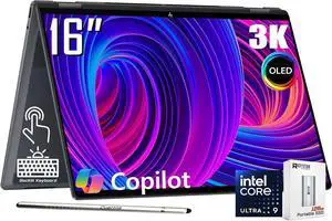 HP OmniBook X Flip Next Gen AI 16 Laptop, 3K OLED Touch (500nits HDR, 120Hz), Intel 8-core Ultra 9 288V (Up to 48 Tops), Intel Arc 140V, 5MP IR Webcam, Backlit KB, Win11 Home(32GB|2TB SSD)