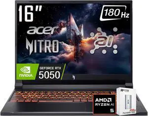 acer Nitro V 16 AI Gaming Laptop, 16" WUXGA IPS180Hz Display, AMD Ryzen 5 240, NVIDIA GeForce RTX 5050 8GB GDDR7 Graphics,16GB DDR5, 512GB Gen4 SSD, WiFi 6E, RGB Backlit KB,Win11 Home, W/256GB PSD