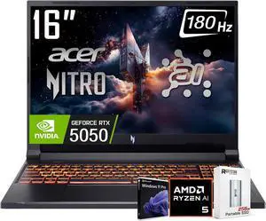 acer Nitro V 16 AI Gaming Laptop, 16" WUXGA IPS180Hz Display, AMD Ryzen 5 240, NVIDIA GeForce RTX 5050 8GB GDDR7 Graphics,16GB DDR5, 1TB SSD, WiFi 6E, RGB Backlit KB, Win11 PRO, W/256GB PSD