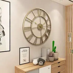 Mrocioa 24 inch Thicken & Heavy Large Metal Wall Clocks for Living Room Decor Large Decorative Clock Oversized,Big Roman Numeral Non Ticking (Gold))