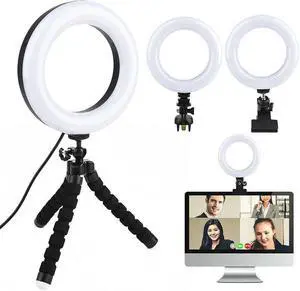 5in1 LED Ring Light Kit + Tripod Stand + Clip + Phone Clip for Laptop