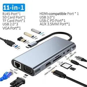 11 in 1 USB-C HUB 4K Video Output 1080P VGA 1000Mbps Ethernet SD TF Card Reader USB 3.0 5Gbps Docking Station for PC Type-C Laptop 11 in 1 USB-C HUB 4K Video Output 1080P VGA 1000Mbps Ethernet SD TF Card Reader USB 3.0 5Gbps Docking Station for PC Type-C Laptop