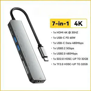 7 In 1 USB C Hub PD60W Fast Charging Splitter Video Output High Speed Splitter 5Gbps for PC USB 3.2 Gen1 2.0 Ports 7 In 1 USB C Hub PD60W Fast Charging Splitter Video Output High Speed Splitter 5Gbps for PC USB 3.2 Gen1 2.0 Ports