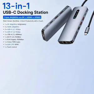 13 in 1 USB C Docking Station 8K DP Triple Display Dual 4K Video Output USB 3.2 HUB One Touch Screen Off for Type-C Laptop Windows 13 in 1 USB C Docking Station 8K DP Triple Display Dual 4K Video Output USB 3.2 HUB One Touch Screen Off for Type-C Laptop Windows