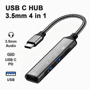 Type C 4 in 1 Hub USB C HUB PD charging with 3.5mm Jack Headset Adapter USB 3.0 2.0 Cable Converter for Type-C Laptop Type C 4 in 1 Hub USB C HUB PD charging with 3.5mm Jack Headset Adapter USB 3.0 2.0 Cable Converter for Type-C Laptop