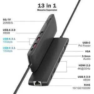 13 in 1 USB HUB 2 Video Output 4K@30Hz Adapter RJ45 Splitter Type C USB 3.2 PD 100W Charger Docking Station for Type-C Laptop Laptop 13 in 1 USB HUB 2 Video Output 4K@30Hz Adapter RJ45 Splitter Type C USB 3.2 PD 100W Charger Docking Station for Type-C Laptop Laptop