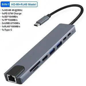 8 Ports USB C Docking Station TYPE-C HUB USB C to 4K Video Output Adapter USB 3.0 Hubs 5Gbps High Speed 100Mbps RJ45 For Laptop Type-C Laptop 8 Ports USB C Docking Station TYPE-C HUB USB C to 4K Video Output Adapter USB 3.0 Hubs 5Gbps High Speed 100Mbps RJ45 For Laptop Type-C Laptop