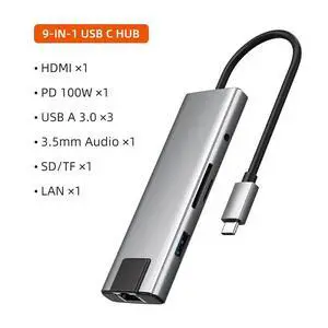 9 in 1 USB C Hub Adapter 4K Splitter RJ45 Video Output SD TF Card Reader PD 100W Docking Station for Type-C Laptop Type c hub 9 in 1 USB C Hub Adapter 4K Splitter RJ45 Video Output SD TF Card Reader PD 100W Docking Station for Type-C Laptop Type c hub